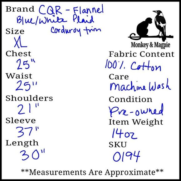 CQR Plaid Flannel Long Sleeve Corduroy Flip Cuff Shirt Blue White Men's Sz XL - Picture 9 of 9